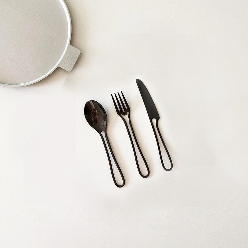 Stainless Steel Outline Cutlery Set - 3-Piece Fork, Knife, Spoon in Silver or Black