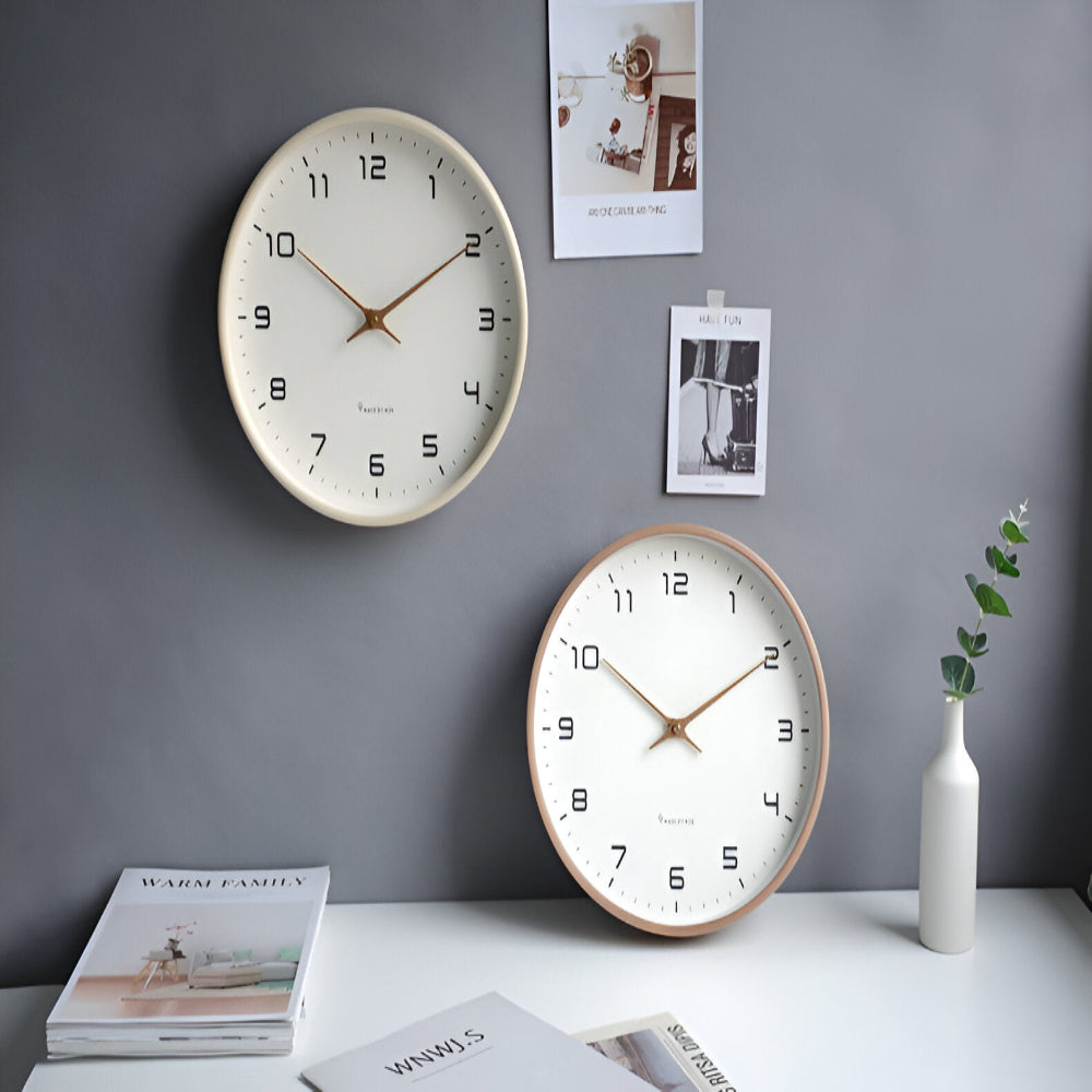 Nordic-Style Silent Quartz Wall Clock with Wood-Look Frame
