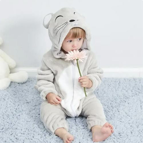 Baby Fleece Animal Romper with Hood and Snap Buttons