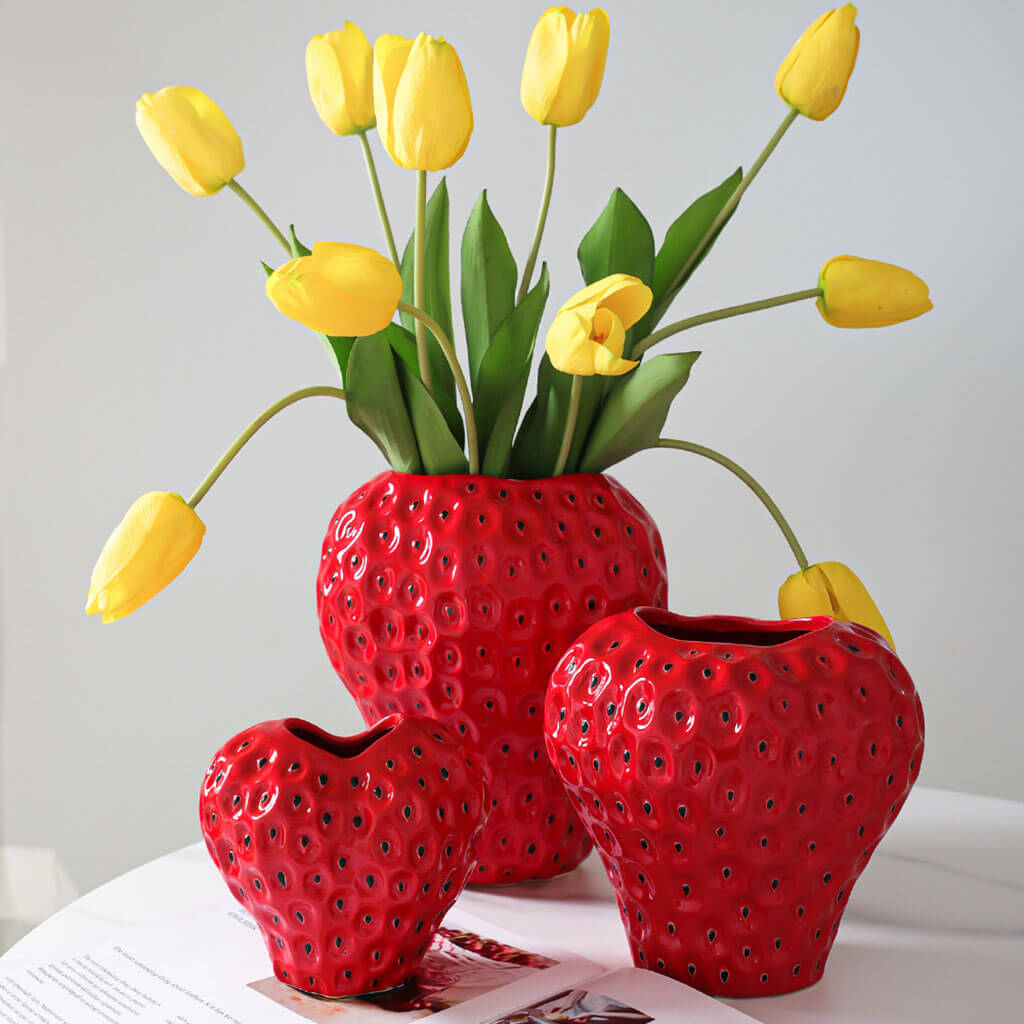 Strawberry-Shaped Ceramic Vase in Black, Red, and Pink