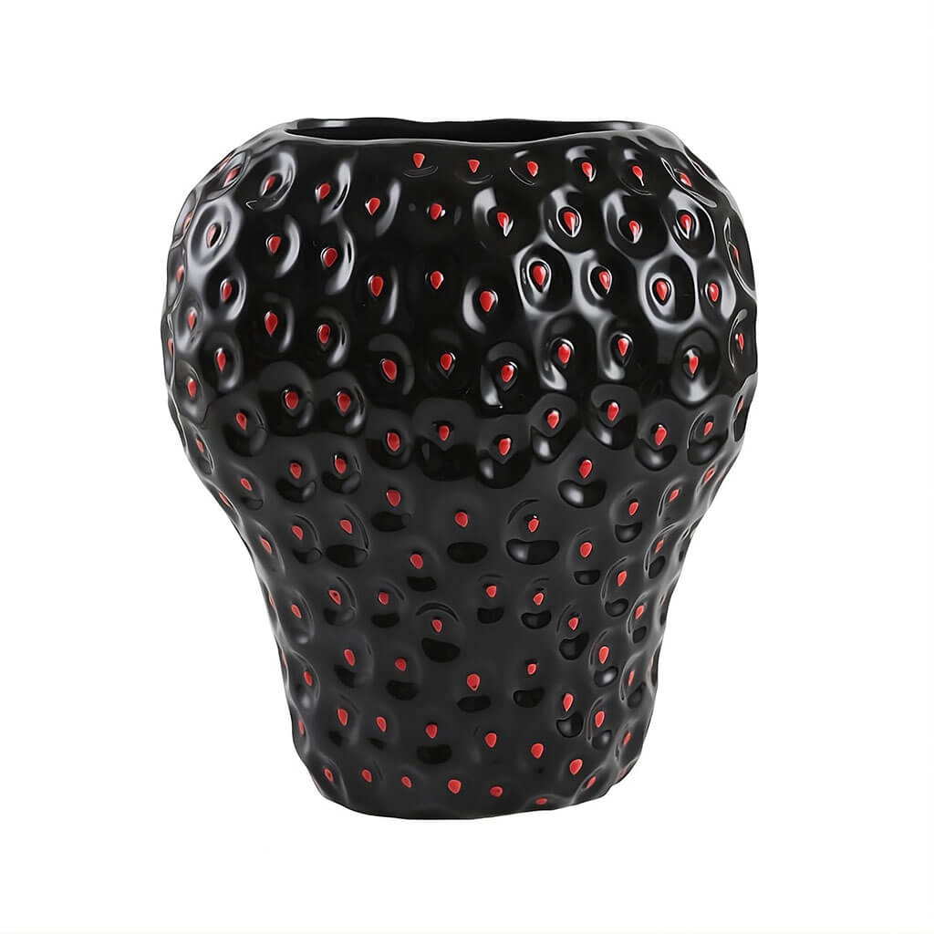 Strawberry-Shaped Ceramic Vase in Black, Red, and Pink