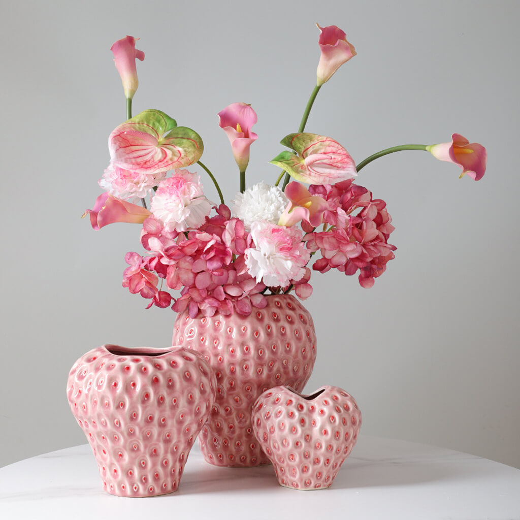 Strawberry-Shaped Ceramic Vase in Black, Red, and Pink