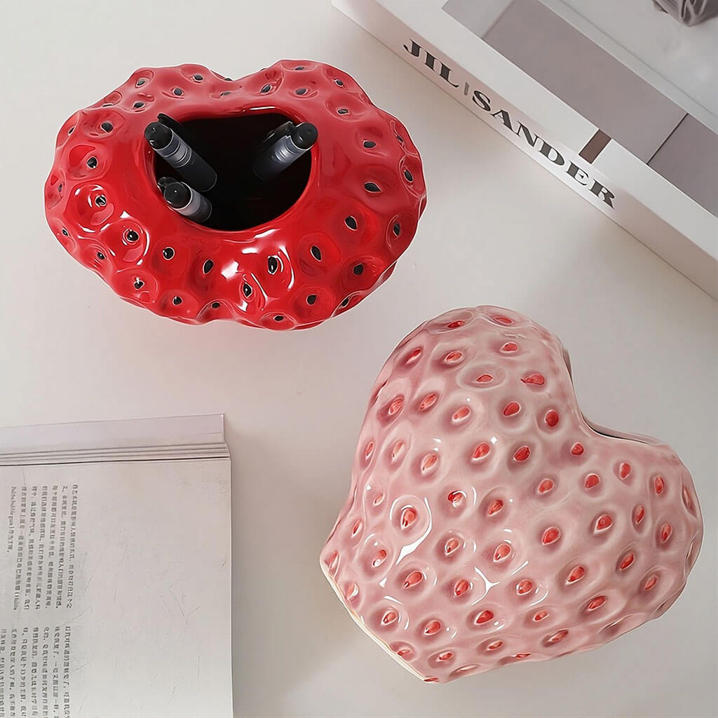 Strawberry-Shaped Ceramic Vase in Black, Red, and Pink
