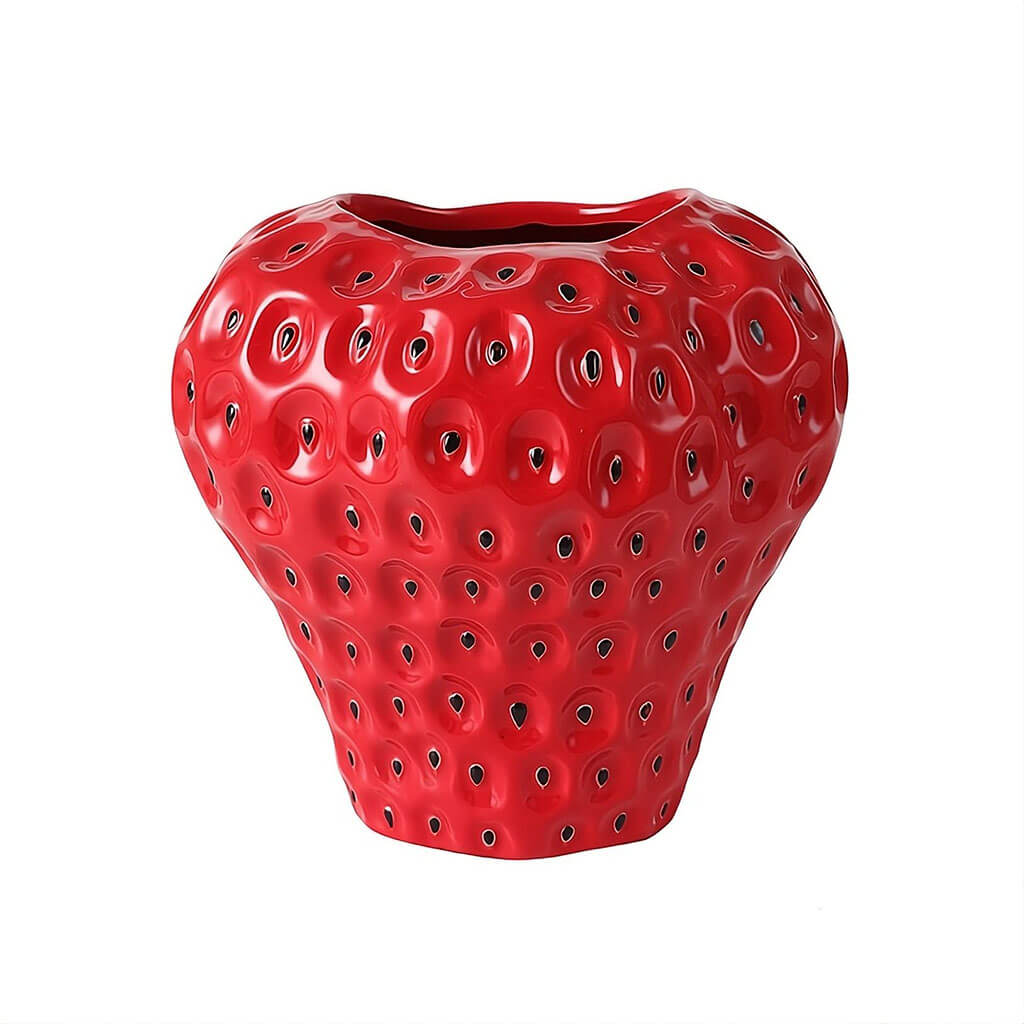 Strawberry-Shaped Ceramic Vase in Black, Red, and Pink