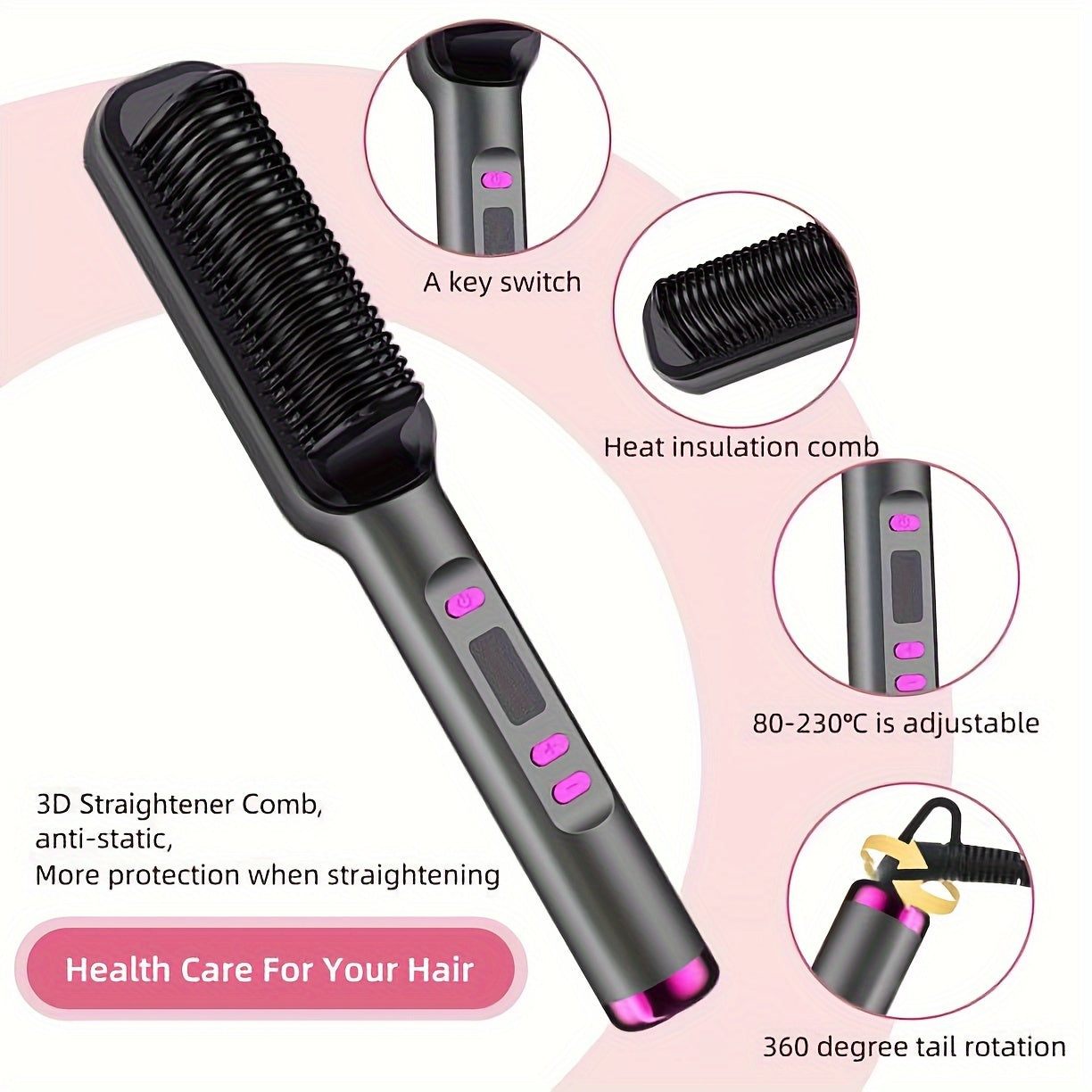 Professional Straightening and Curling Comb with Anti-Burn Protection