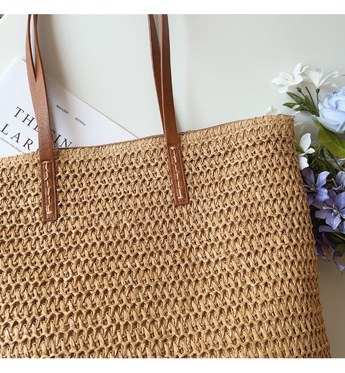 Elegant Hand-Woven Rattan Bag with Leather Handles