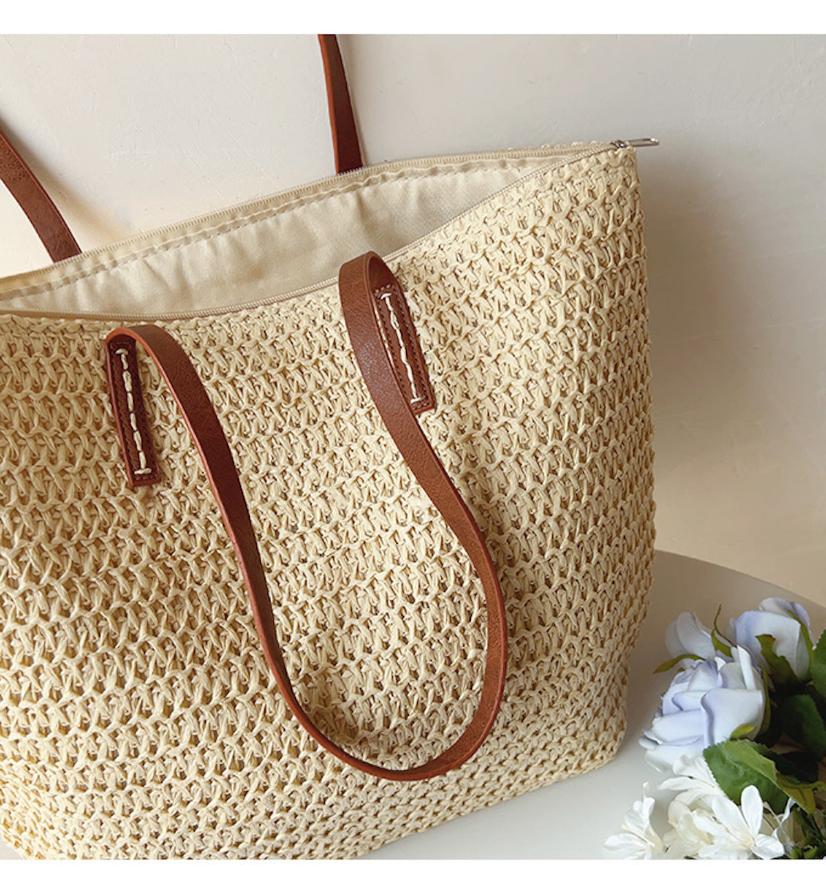 Elegant Hand-Woven Rattan Bag with Leather Handles