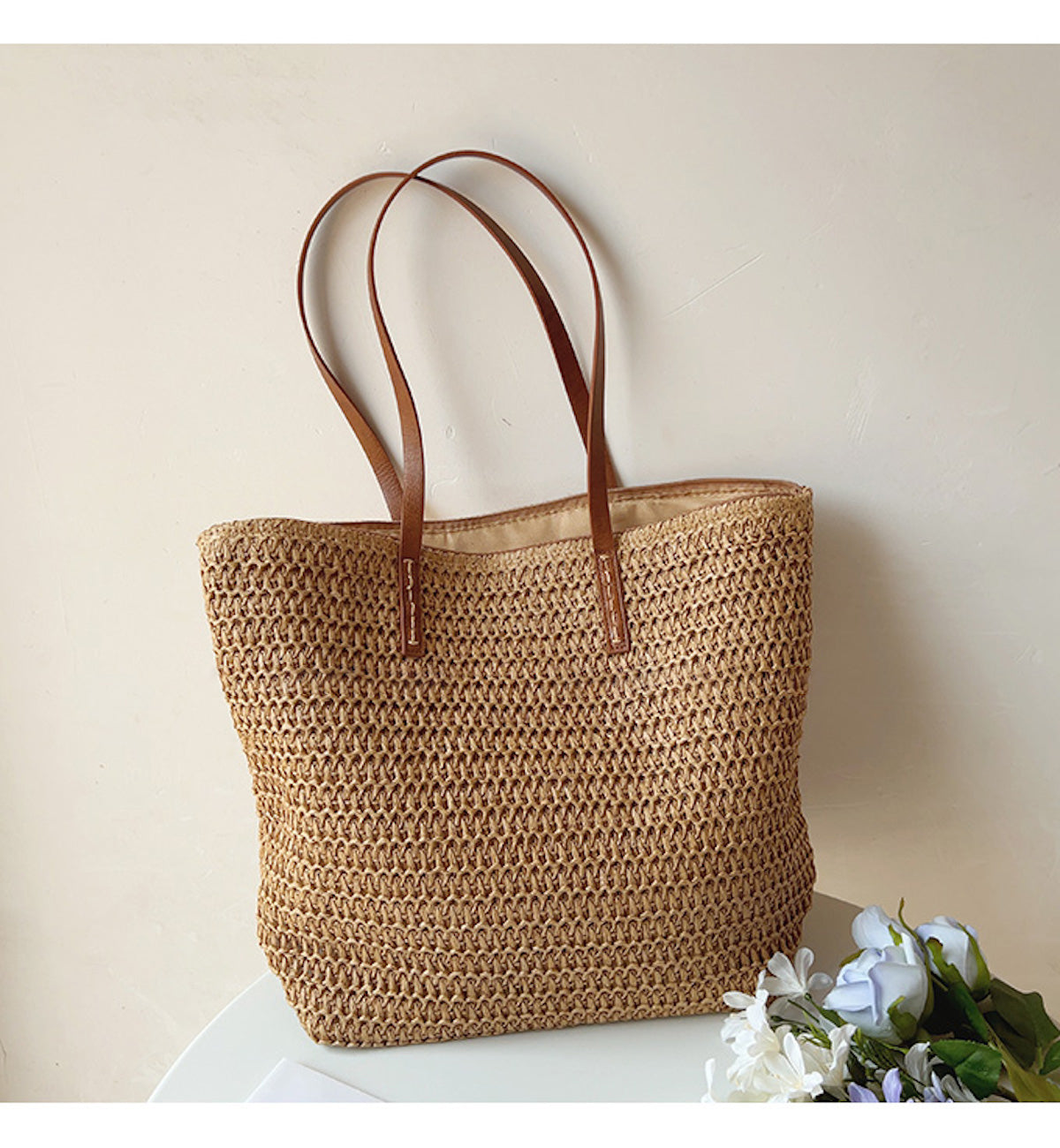 Elegant Hand-Woven Rattan Bag with Leather Handles