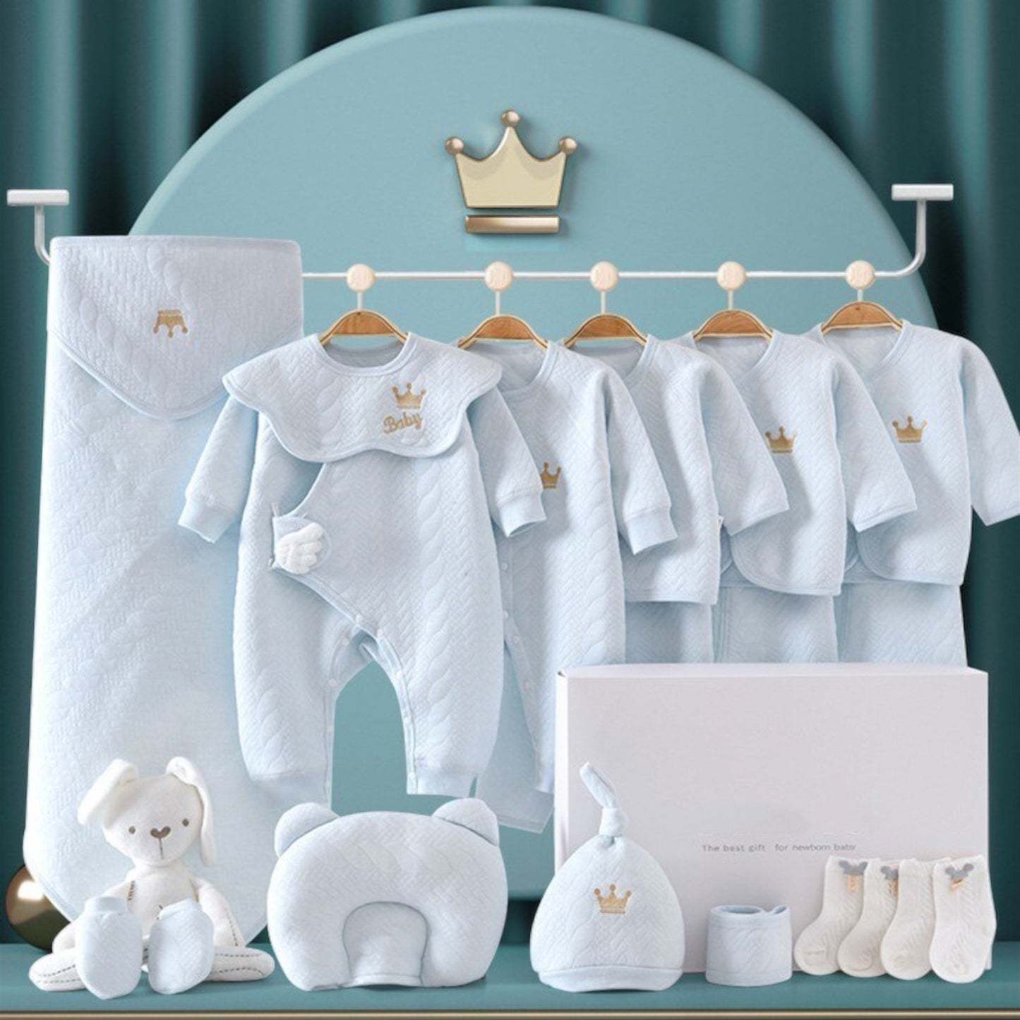 Newborn Baby Gift Set with Bodysuits, Blanket, Hats, and Soft Toys