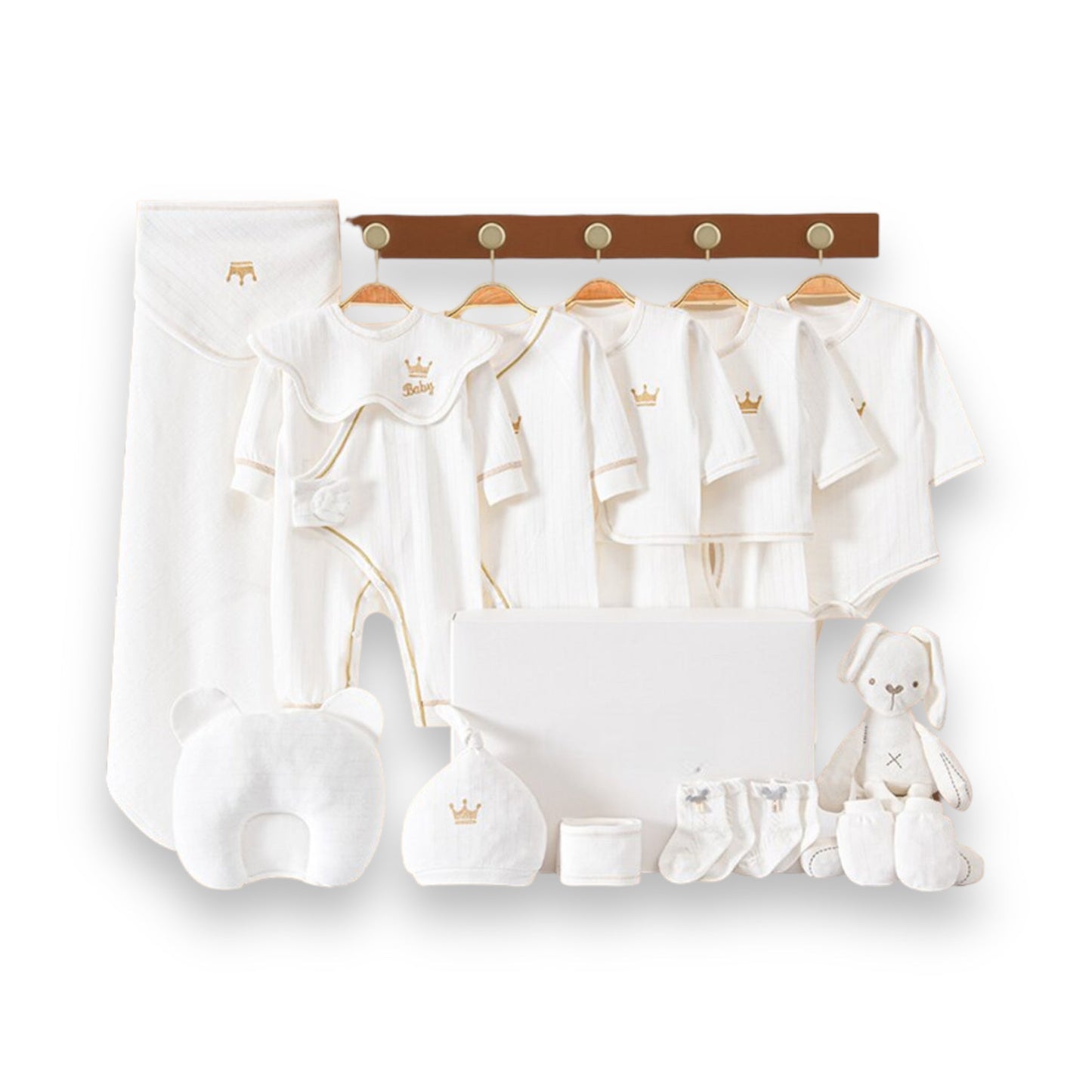 Newborn Baby Gift Set with Bodysuits, Blanket, Hats, and Soft Toys