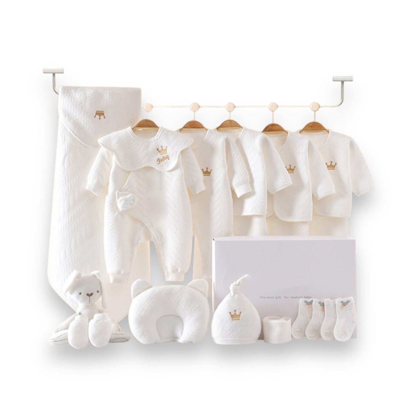 Newborn Baby Gift Set with Bodysuits, Blanket, Hats, and Soft Toys