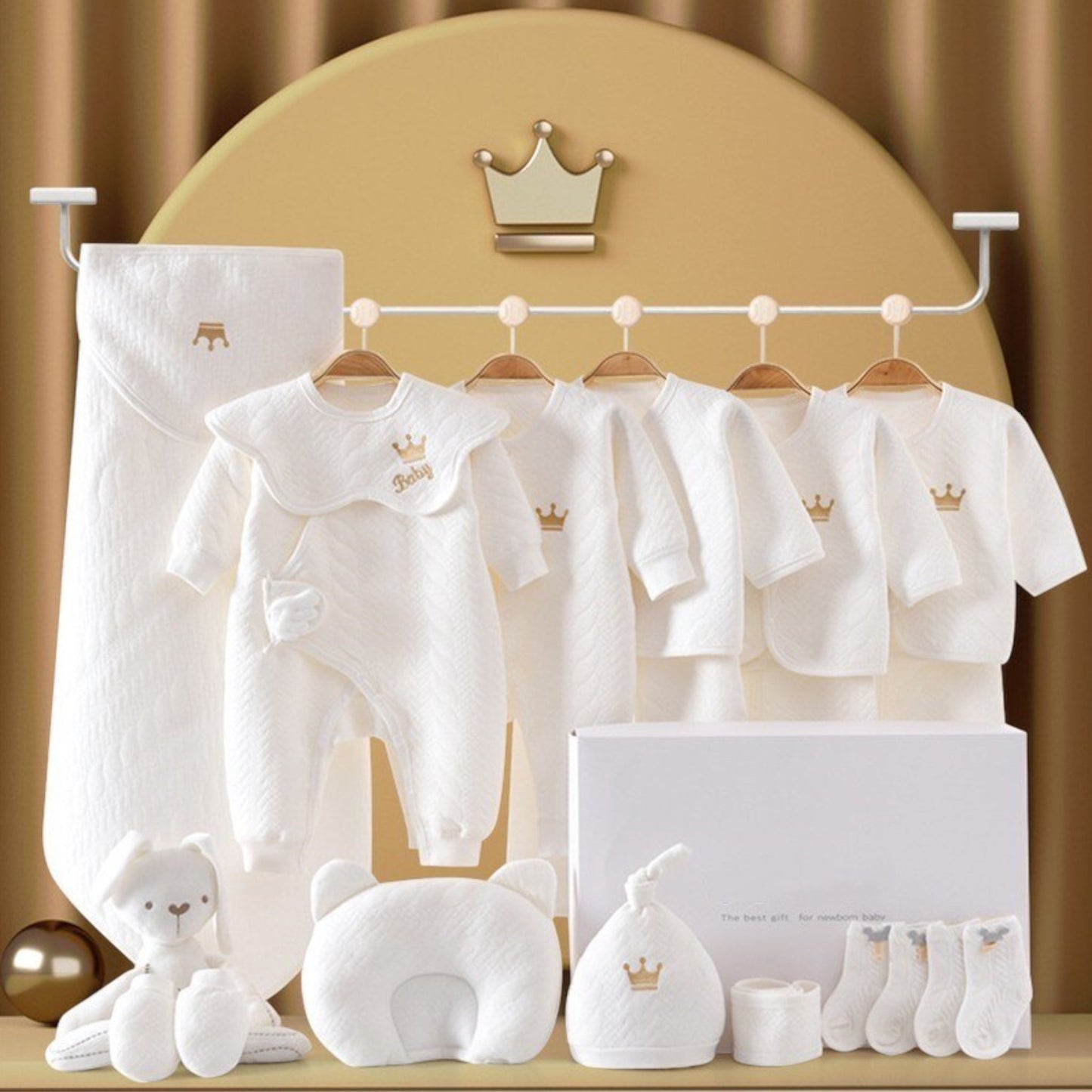 Newborn Baby Gift Set with Bodysuits, Blanket, Hats, and Soft Toys