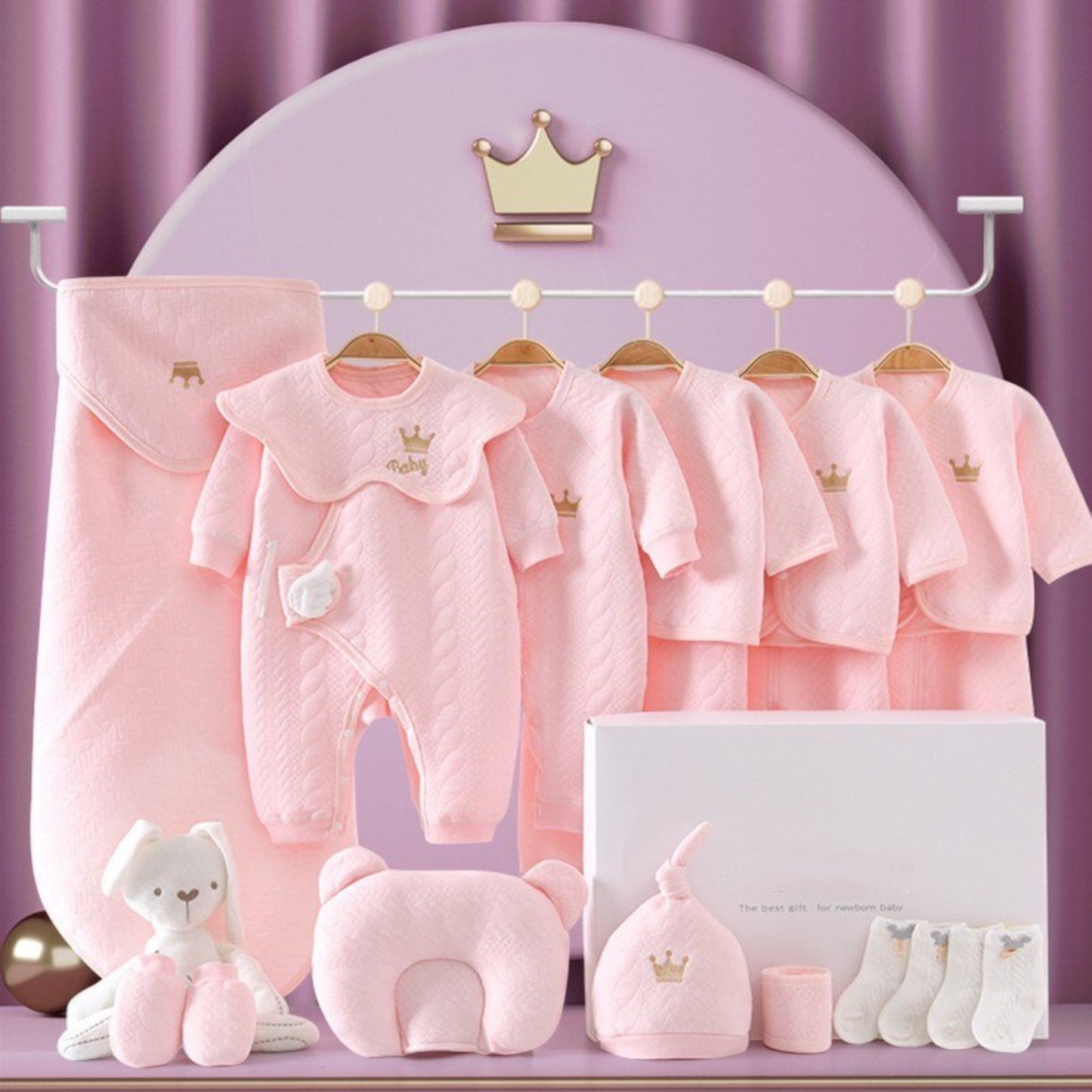 Newborn Baby Gift Set with Bodysuits, Blanket, Hats, and Soft Toys