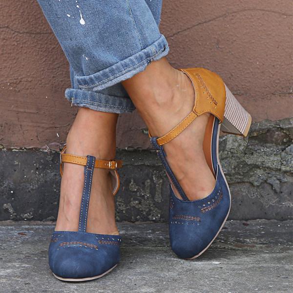 Women's Vintage T-Strap Block Heels with Adjustable Ankle Buckle