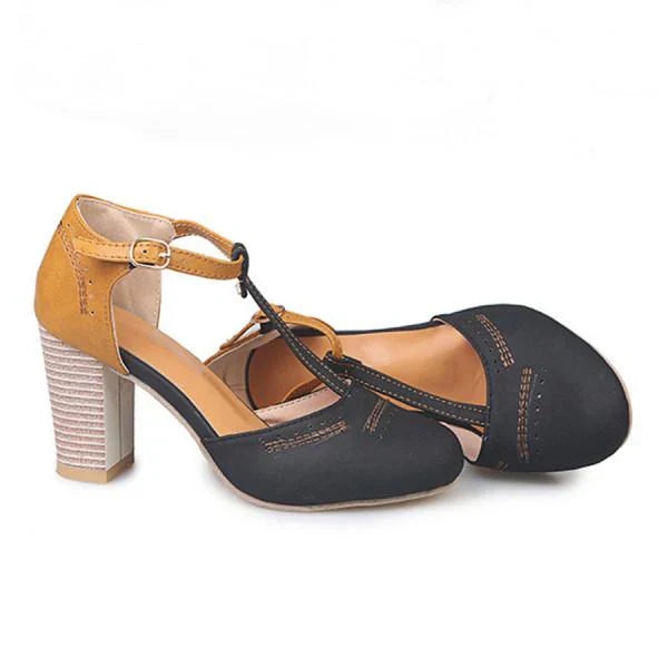 Women's Vintage T-Strap Block Heels with Adjustable Ankle Buckle