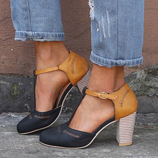 Women's Vintage T-Strap Block Heels with Adjustable Ankle Buckle