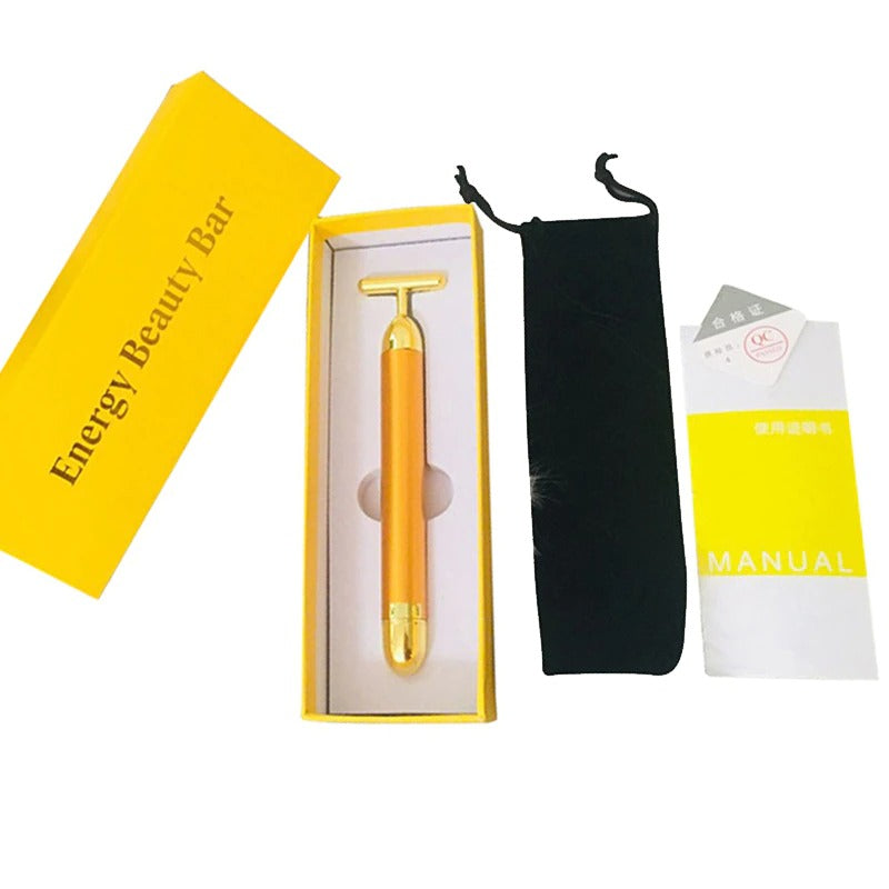 Gold T-Bar Facial Roller Massager with Vibration Therapy