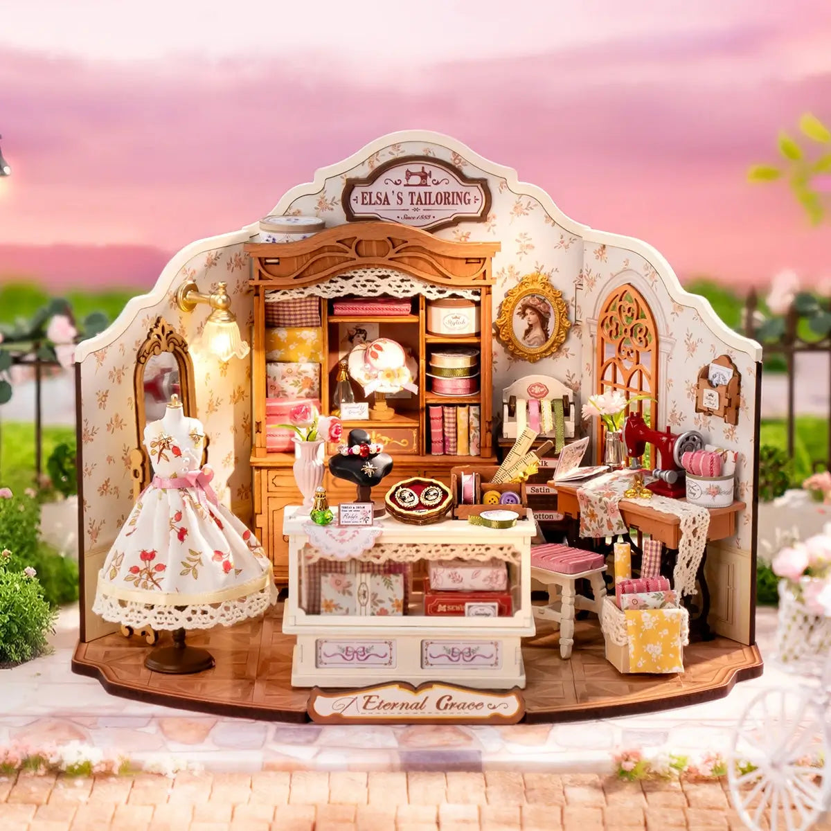 Miniature Tailoring Shop Diorama with Sewing Machine and Fabrics