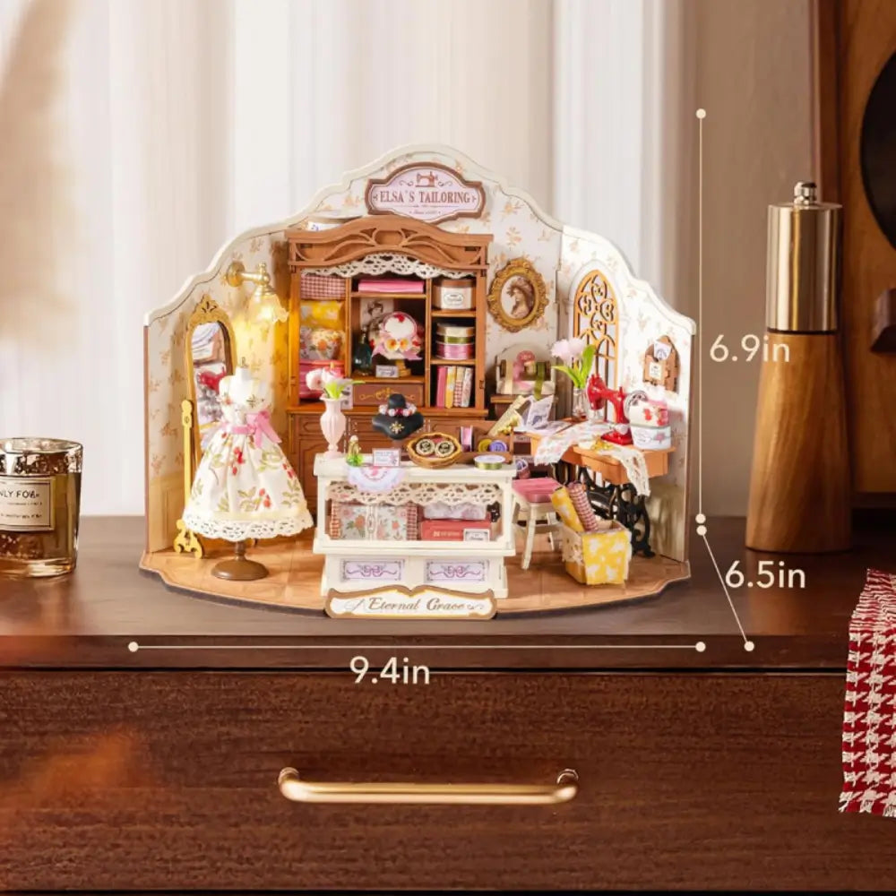 Miniature Tailoring Shop Diorama with Sewing Machine and Fabrics