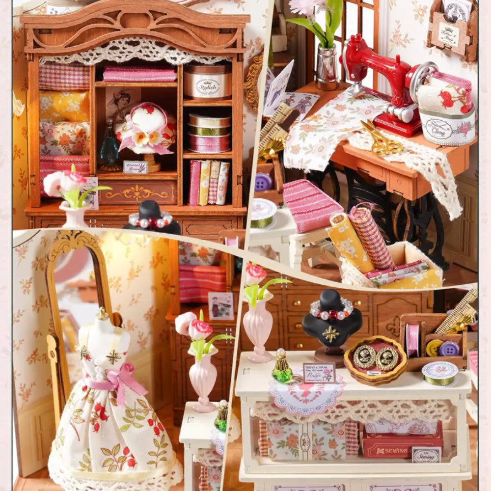 Miniature Tailoring Shop Diorama with Sewing Machine and Fabrics