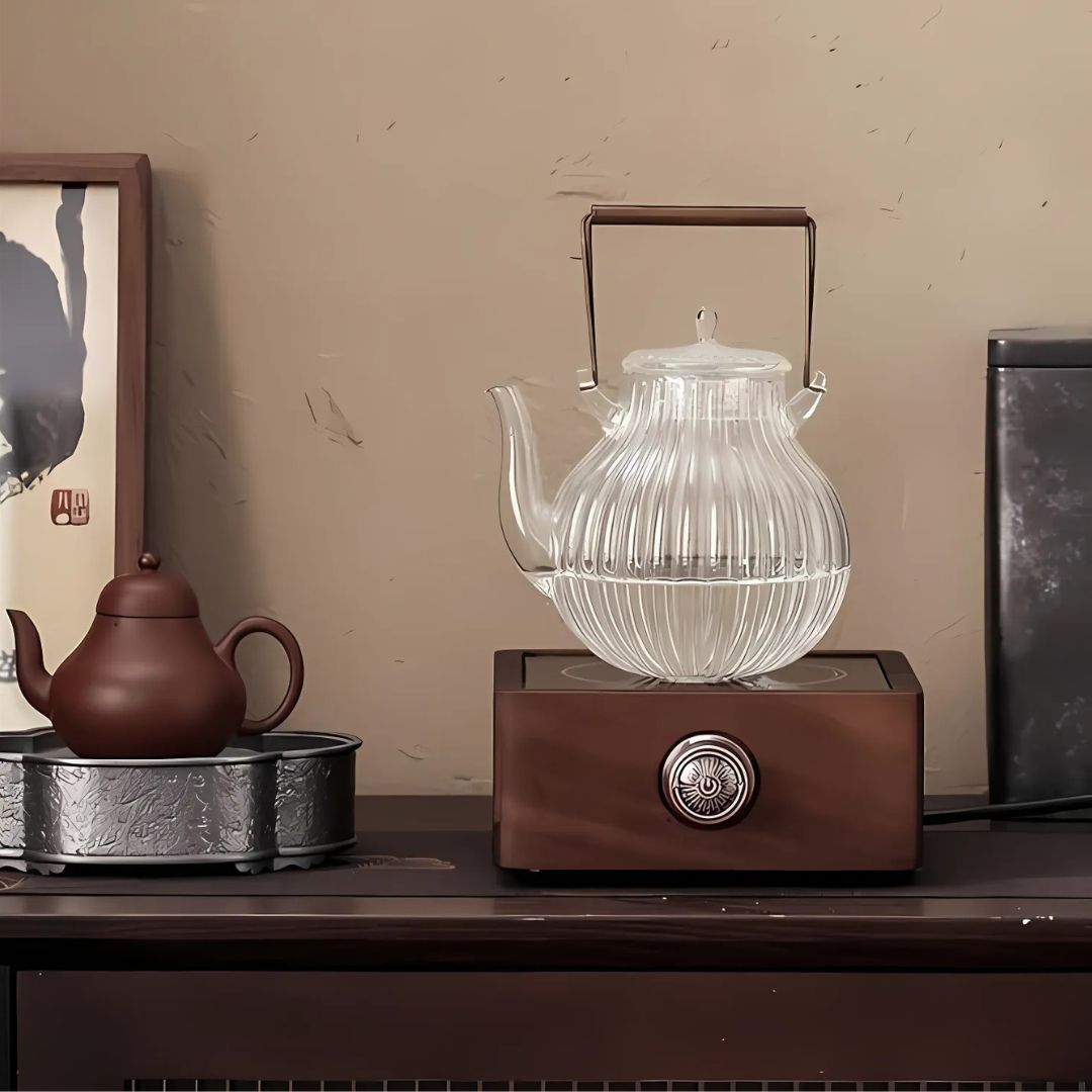 Elegant Walnut Tea Warmer with Adjustable Temperature Control