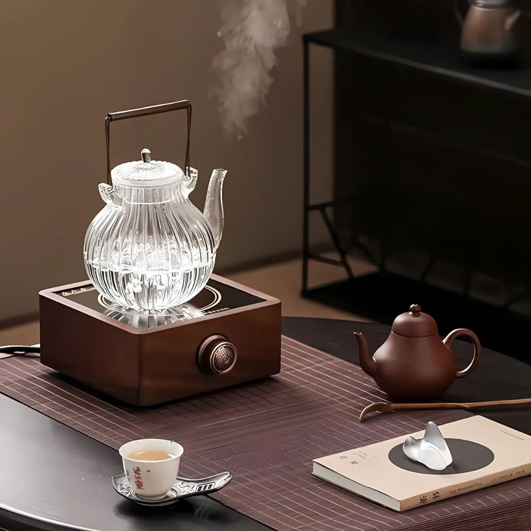 Elegant Walnut Tea Warmer with Adjustable Temperature Control
