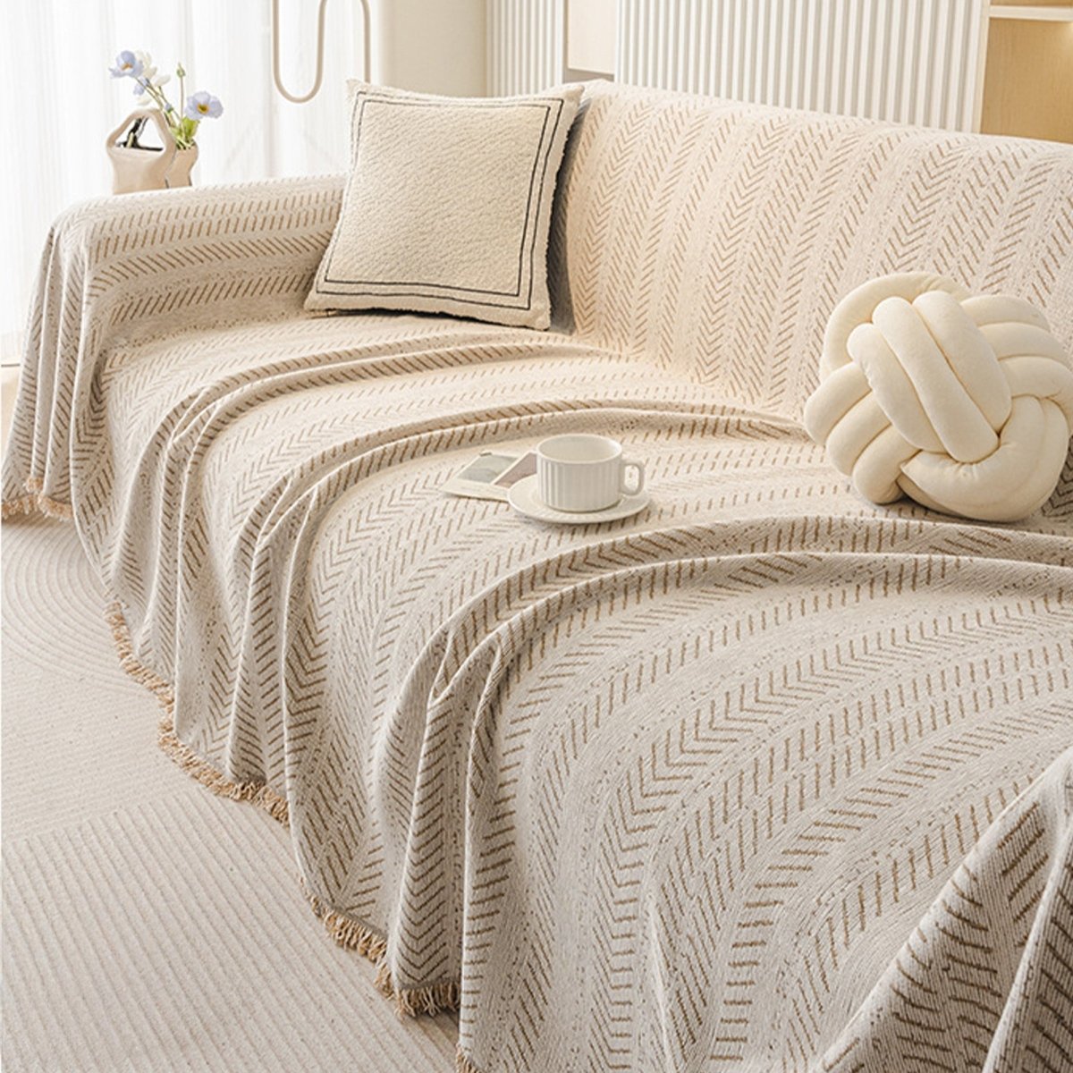 Scratch-Resistant Chenille Sofa Cover with Modern Herringbone Pattern
