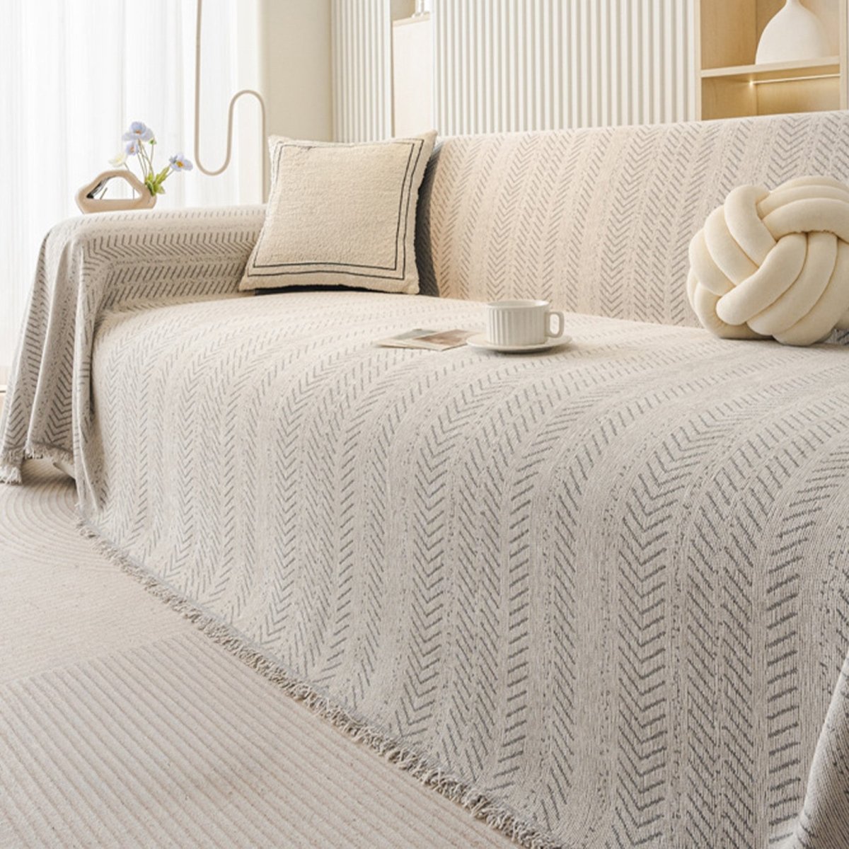 Scratch-Resistant Chenille Sofa Cover with Modern Herringbone Pattern