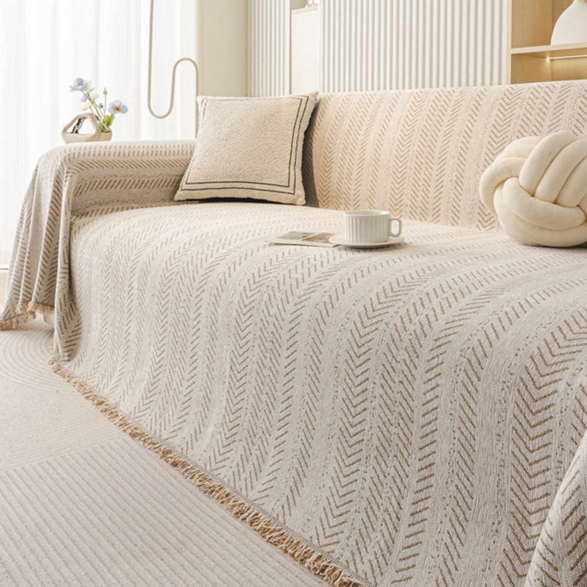 Scratch-Resistant Chenille Sofa Cover with Modern Herringbone Pattern