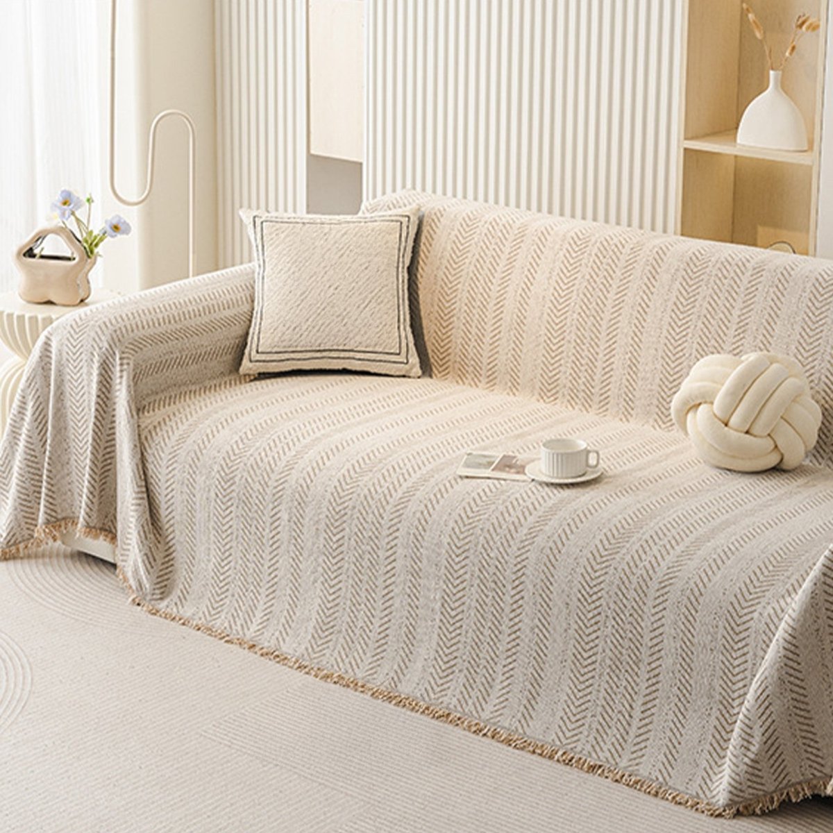 Scratch-Resistant Chenille Sofa Cover with Modern Herringbone Pattern