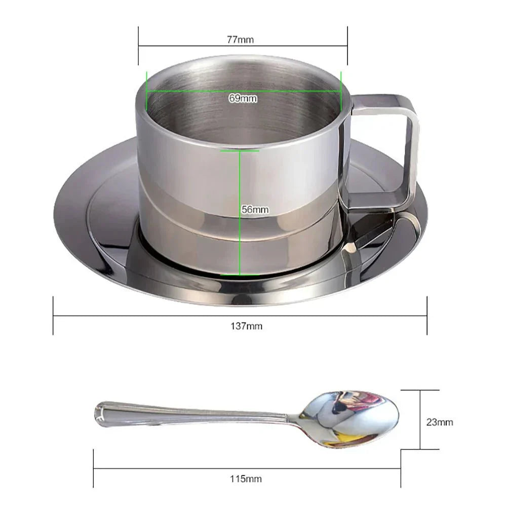 Stainless Steel Double-Insulated Coffee Cup Set with Saucer and Spoon