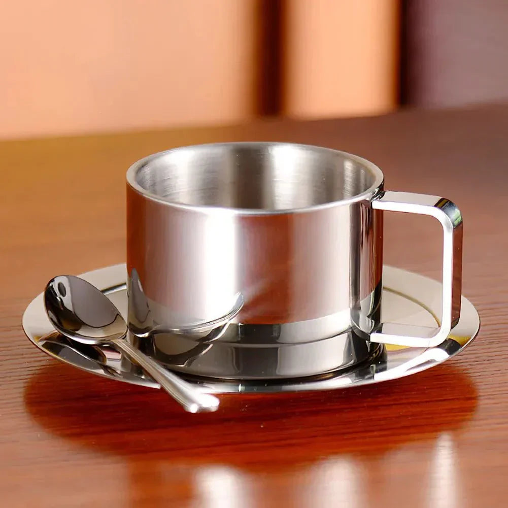 Stainless Steel Double-Insulated Coffee Cup Set with Saucer and Spoon