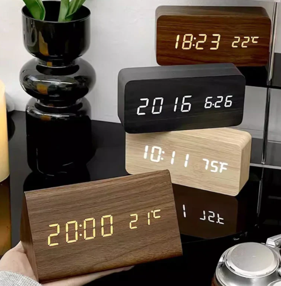 Minimalist LED Wooden Clock with Adjustable Brightness