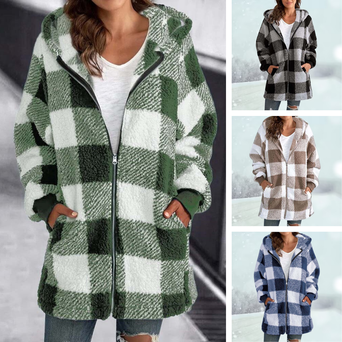 Checked Winter Jacket with Hood for Women