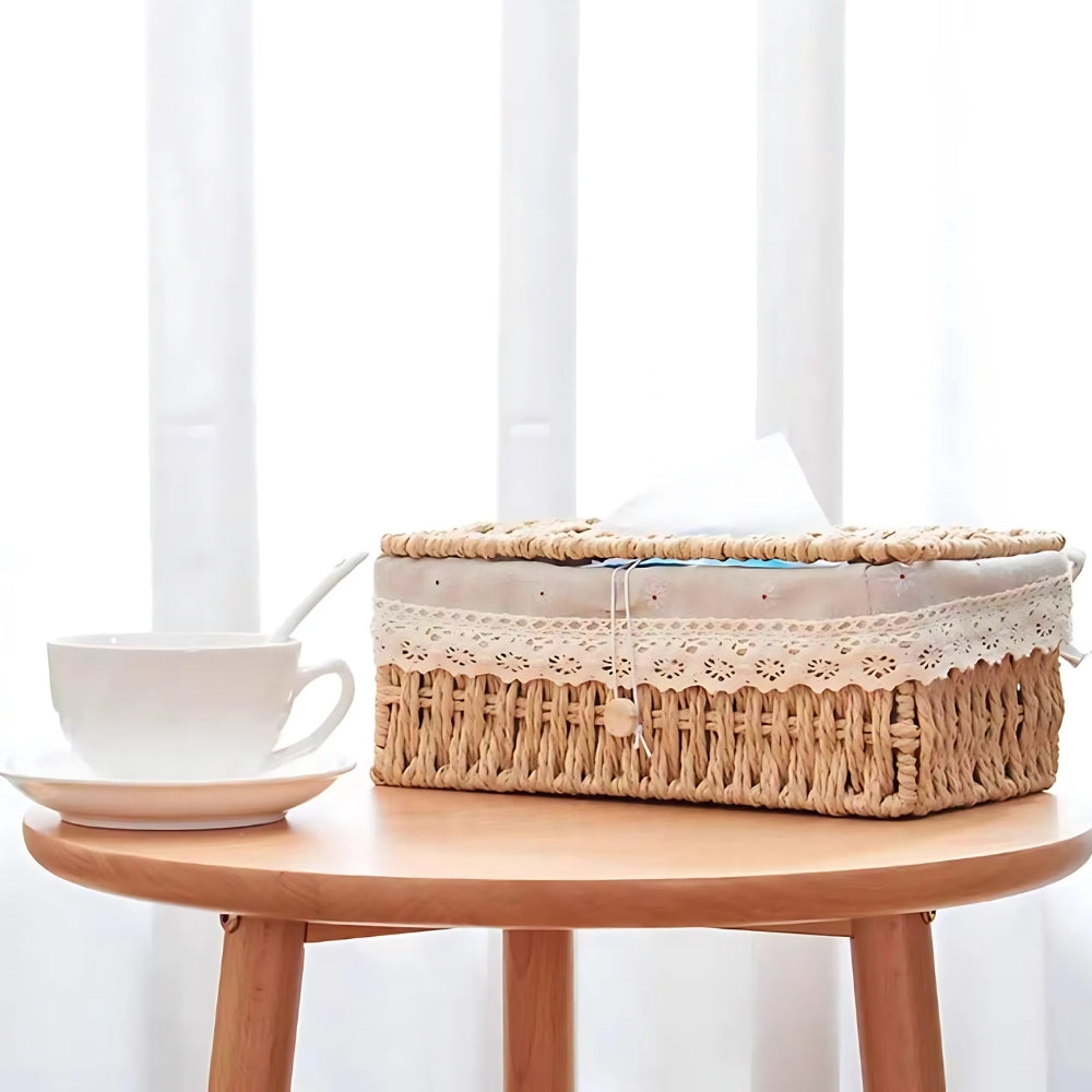 Braided Woven Tissue Box with Lace Trim