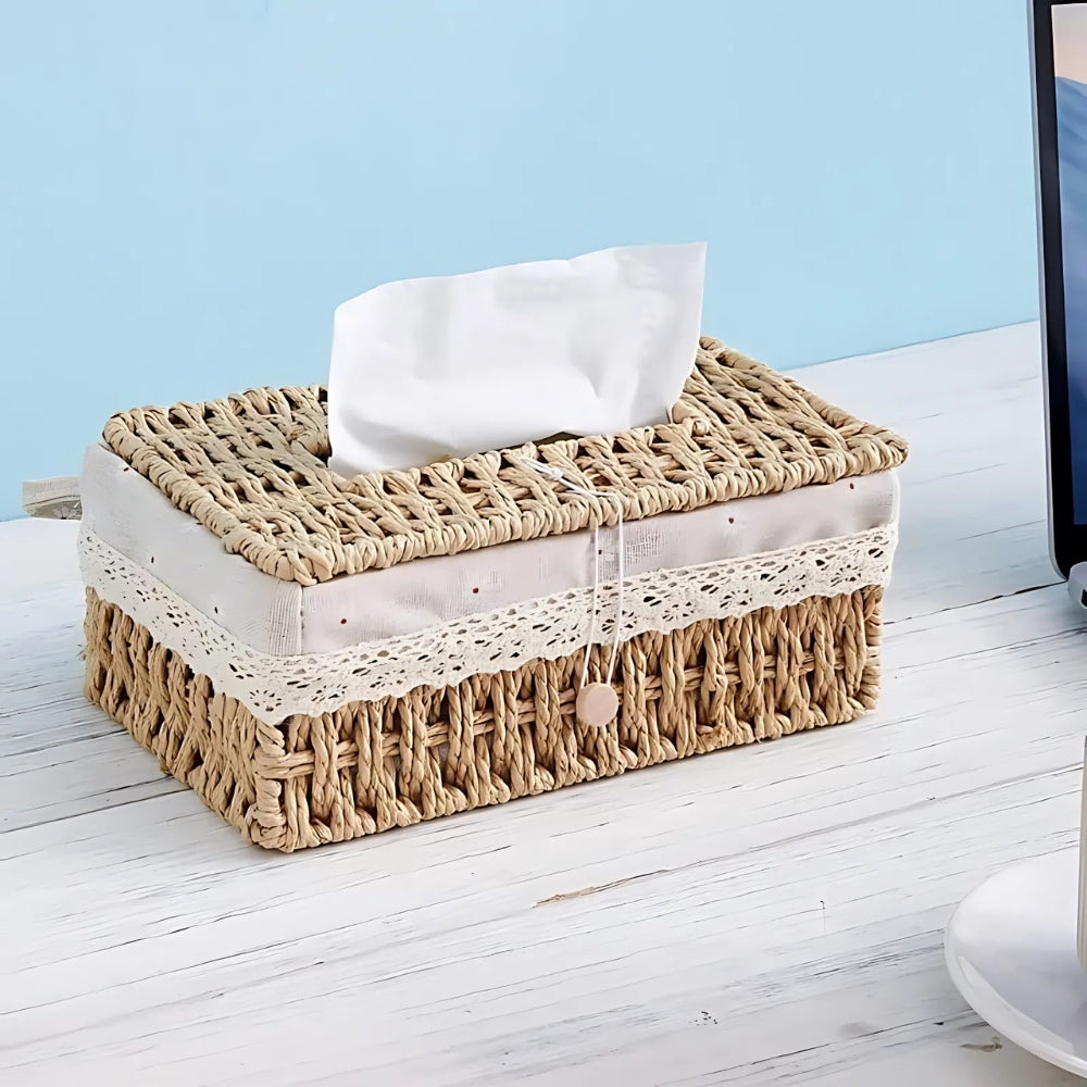 Braided Woven Tissue Box with Lace Trim