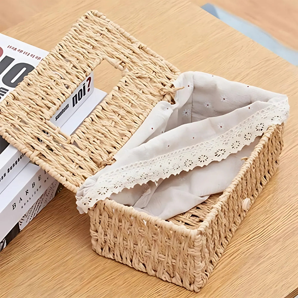 Braided Woven Tissue Box with Lace Trim