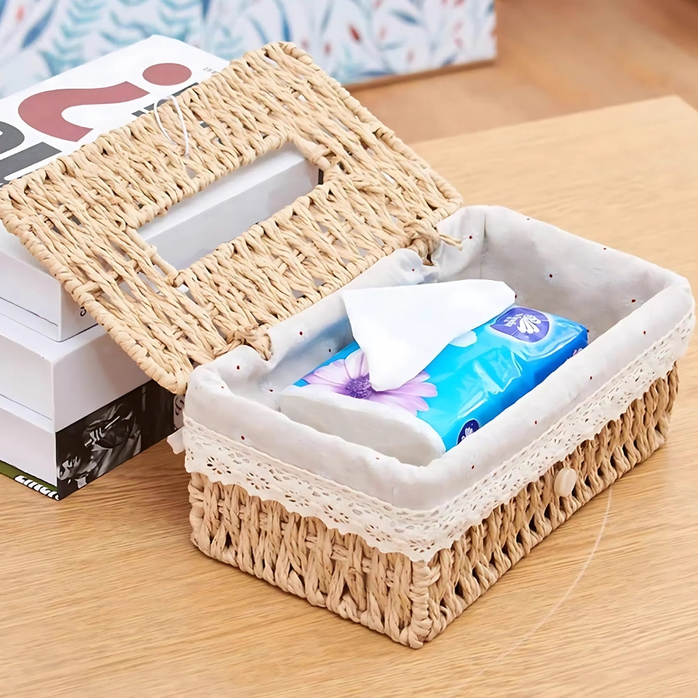 Braided Woven Tissue Box with Lace Trim