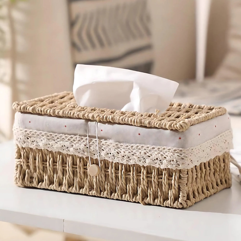 Braided Woven Tissue Box with Lace Trim