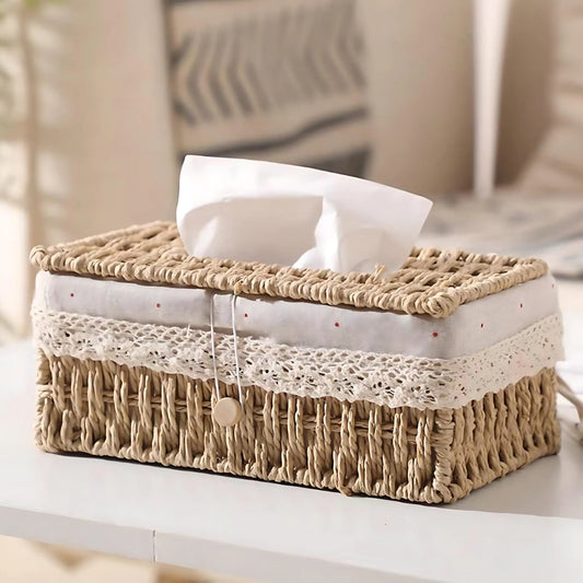 Braided Woven Tissue Box with Lace Trim