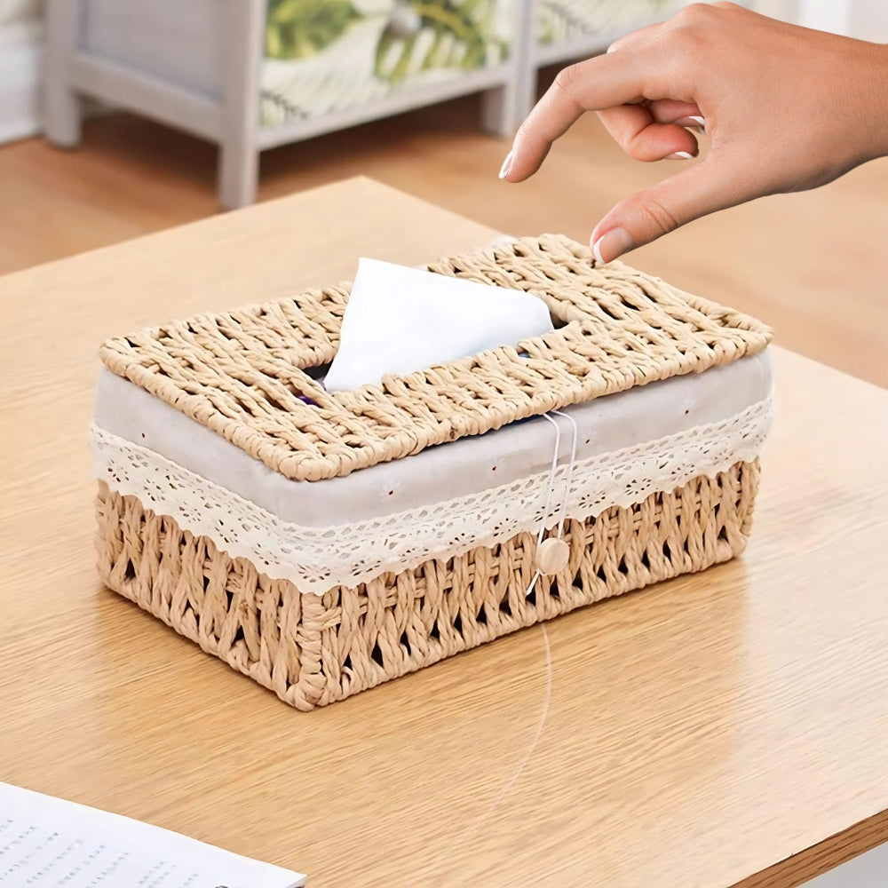 Braided Woven Tissue Box with Lace Trim