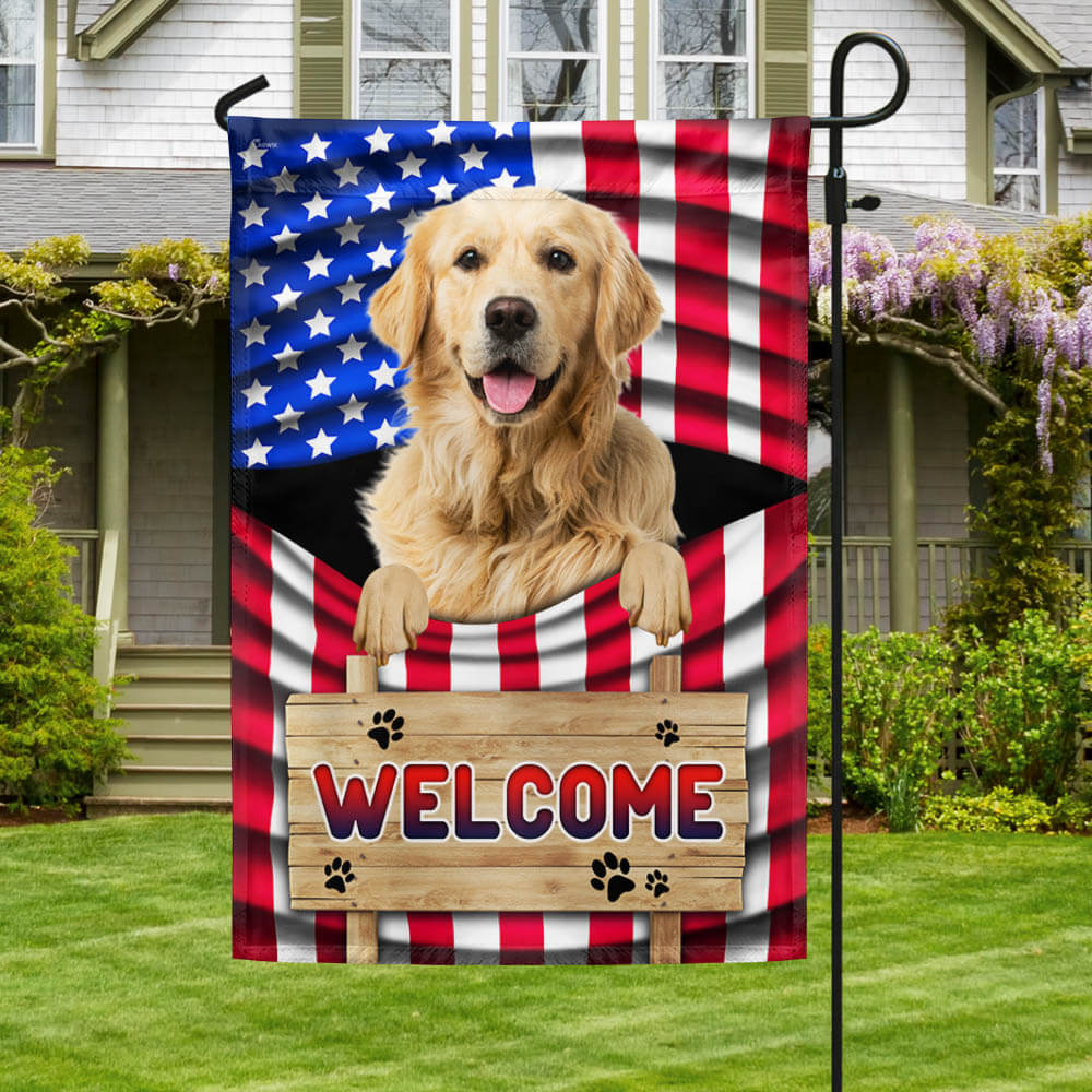 Golden Retriever Welcome Flag with American Flag Design