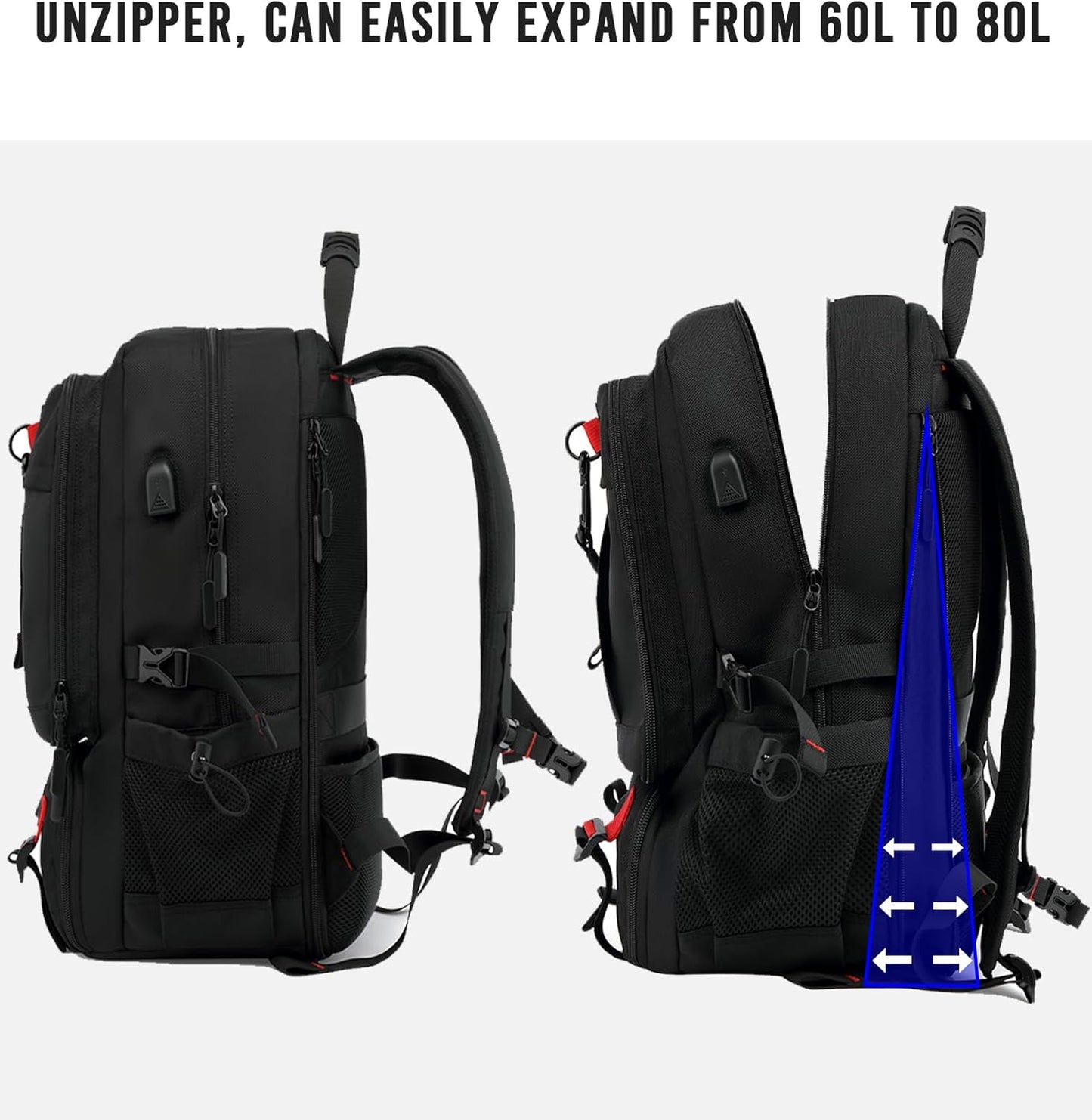 60L Waterproof Travel Laptop Backpack with USB Charging and Shoe Compartment