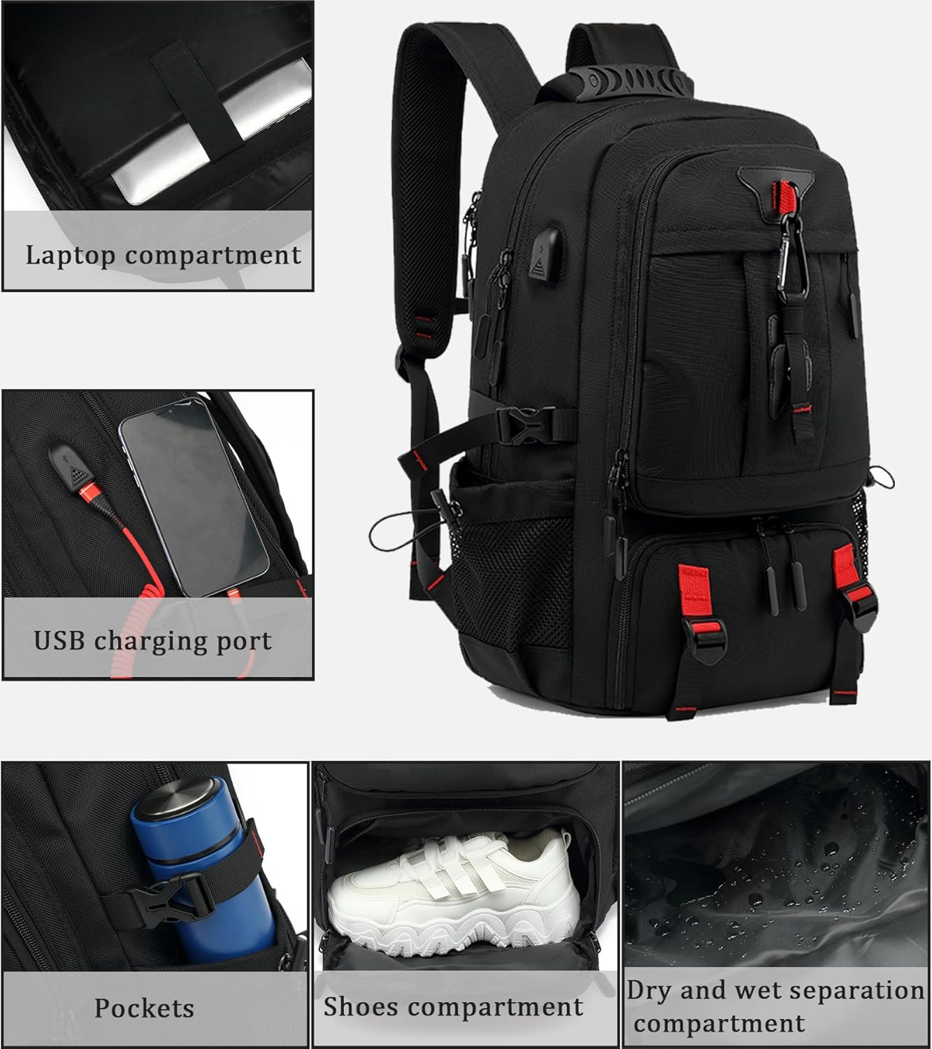 60L Waterproof Travel Laptop Backpack with USB Charging and Shoe Compartment