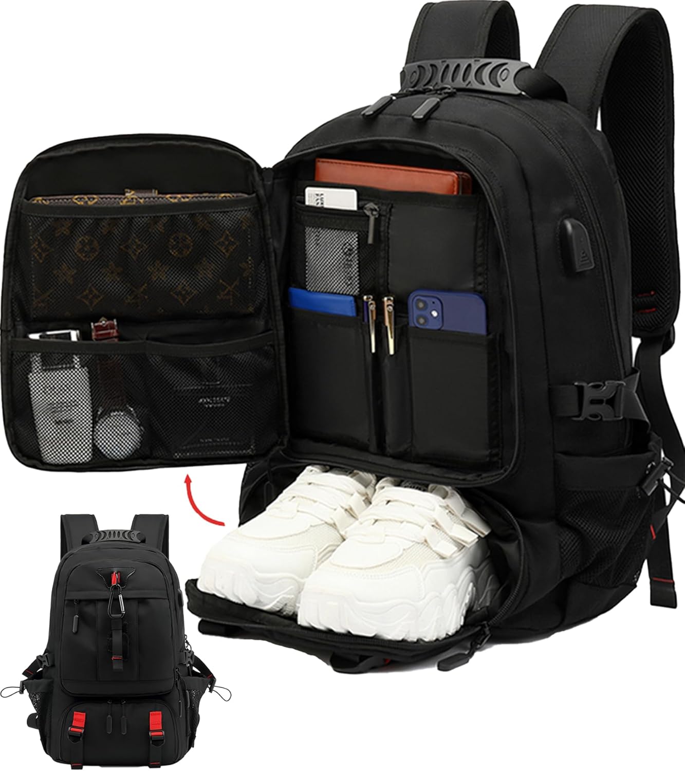 60L Waterproof Travel Laptop Backpack with USB Charging Port and Shoe Compartment