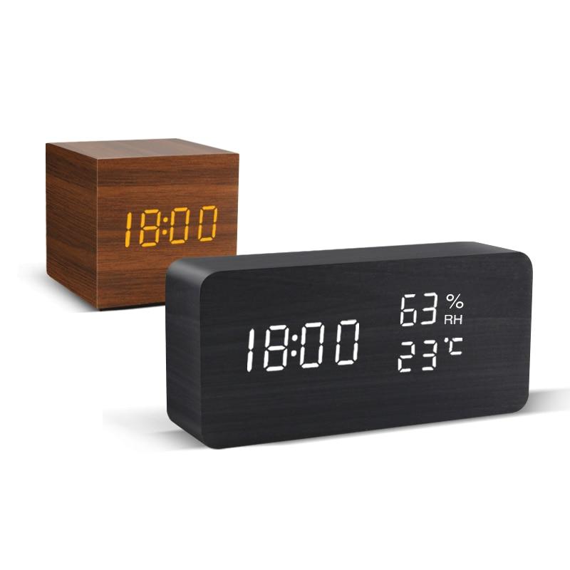 Wooden Minimalist LED Alarm Clock with Temperature and Humidity Display