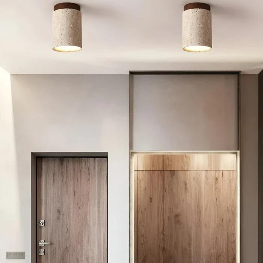 Round Japanese Wabi-Sabi Ceiling Lamp in Natural Travertine