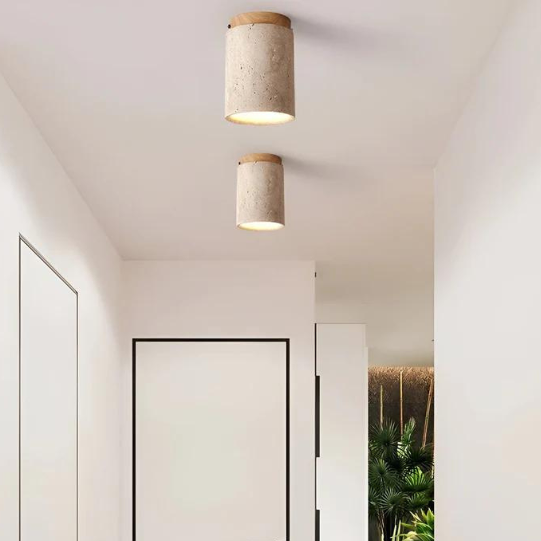 Round Japanese Wabi-Sabi Ceiling Lamp in Natural Travertine