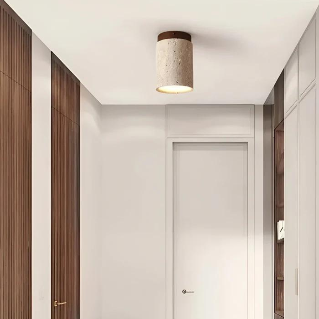Round Japanese Wabi-Sabi Ceiling Lamp in Natural Travertine