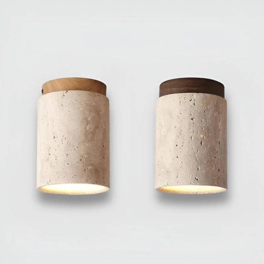 Round Japanese Wabi-Sabi Ceiling Lamp in Natural Travertine